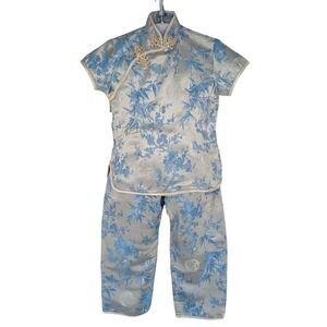 Solz Squirrel Kids Cheongsam Set Sz 8 Blue Silver Floral Brocade Traditional